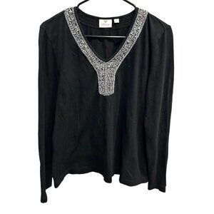 Chicos Black Long Sleeve Top With Silver Beaded V Neck Size Large